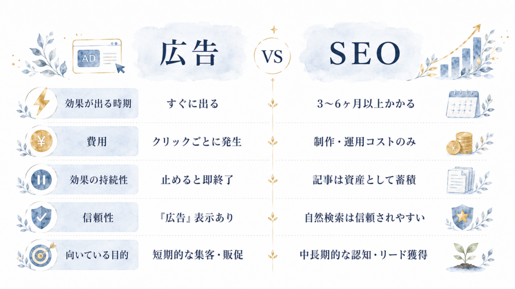広告（短期・高コスト・止めたら終わり）vs SEO（長期・資産化・積み上がる）を対比した図解。
