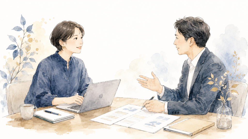 パソコンの前で記事を書くライターと、それを依頼する企業担当者が向き合っている