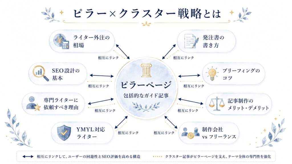 ピラーページを中心に、クラスター記事が放射状にリンクする構造図。中央にピラーページ、周囲に6〜8本のクラスター記事が矢印でつながるビジュアル。