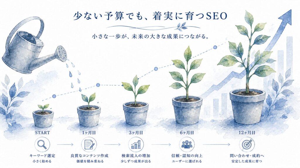 小さな植物が少しずつ成長していくイメージ。「少ない予算でも着実に育つSEO」のイメージ。