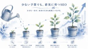 小さな植物が少しずつ成長していくイメージ。「少ない予算でも着実に育つSEO」のイメージ。