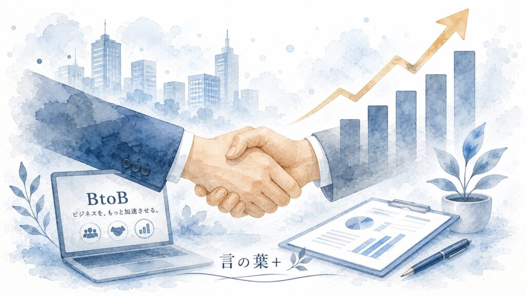 握手と上昇グラフを組み合わせたBtoBビジネスのイメージ。