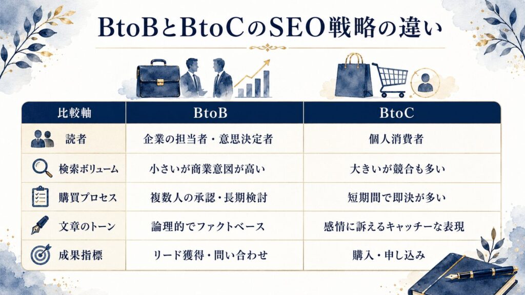 BtoBとBtoCのSEO戦略の違いを比較した表。読者・検索ボリューム・購買プロセス・コンテンツの目的・成果指標の5軸で比較