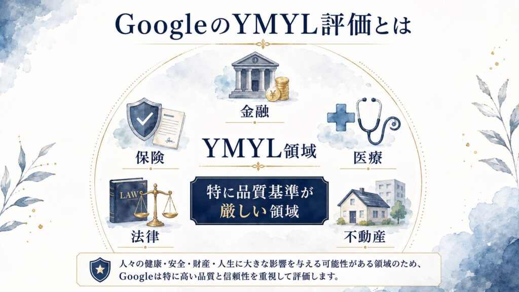 YMYLの領域を示した図。金融・保険・医療・法律・不動産などのアイコンを円の中に配置し、「特に品質基準が厳しい領域」というラベルを添えた図解。