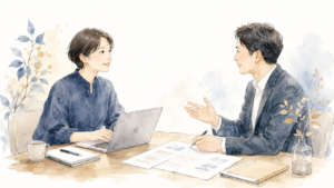 パソコンの前で記事を書くライターと、それを依頼する企業担当者が向き合っている