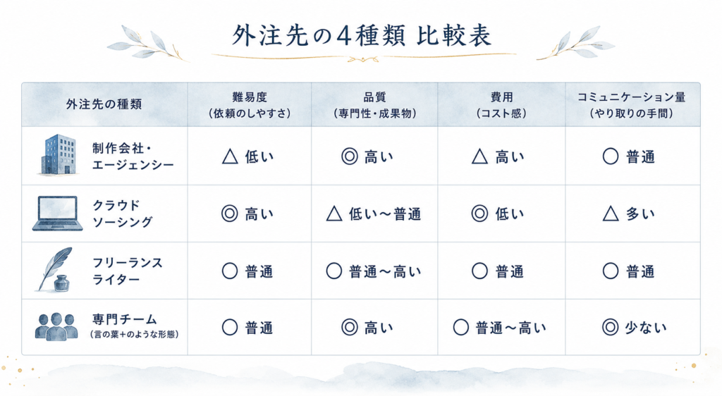 4種類の外注先を比較した表（難易度・品質・費用・コミュニケーション量の軸で）。