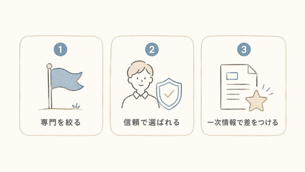 士業集客に共通する3原則（専門を絞る・信頼で選ばれる・一次情報で差をつける）を示した図