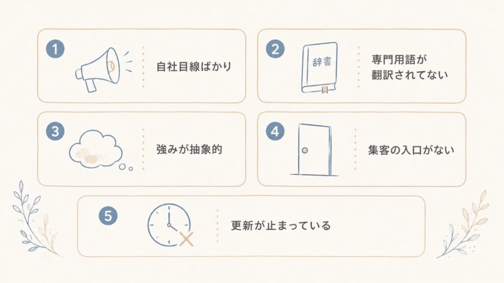 コンテンツが弱い会社に共通する5つの問題(自社目線・専門用語・抽象的な強み・集客の入口不在・更新停止)を示した図