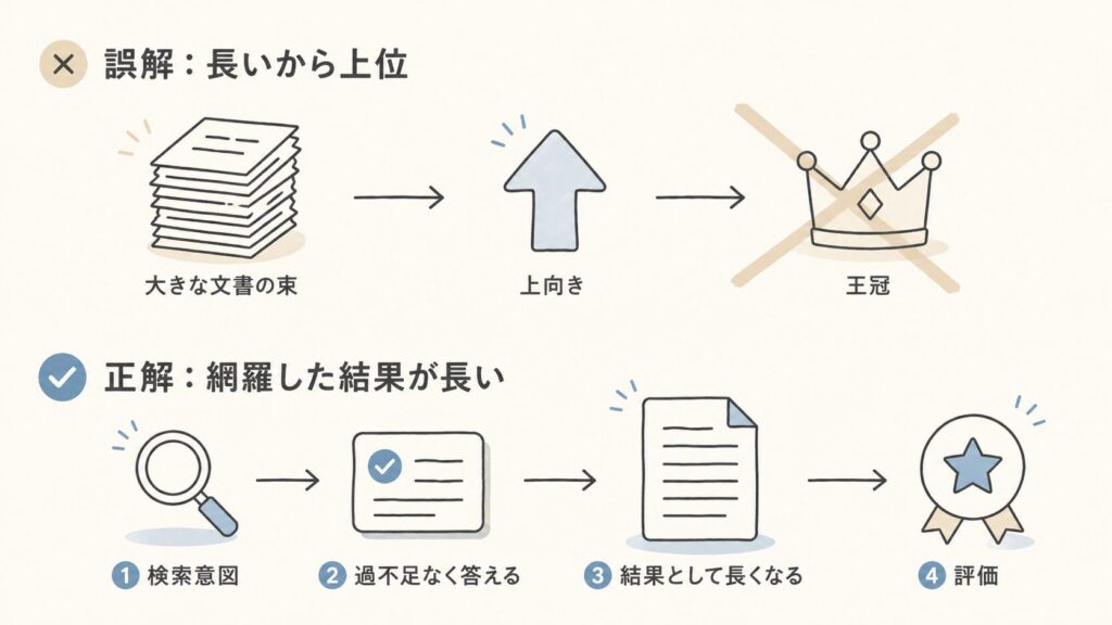 「長いから上位」という誤解と「網羅した結果として長くなる」という正しい理解を対比した図