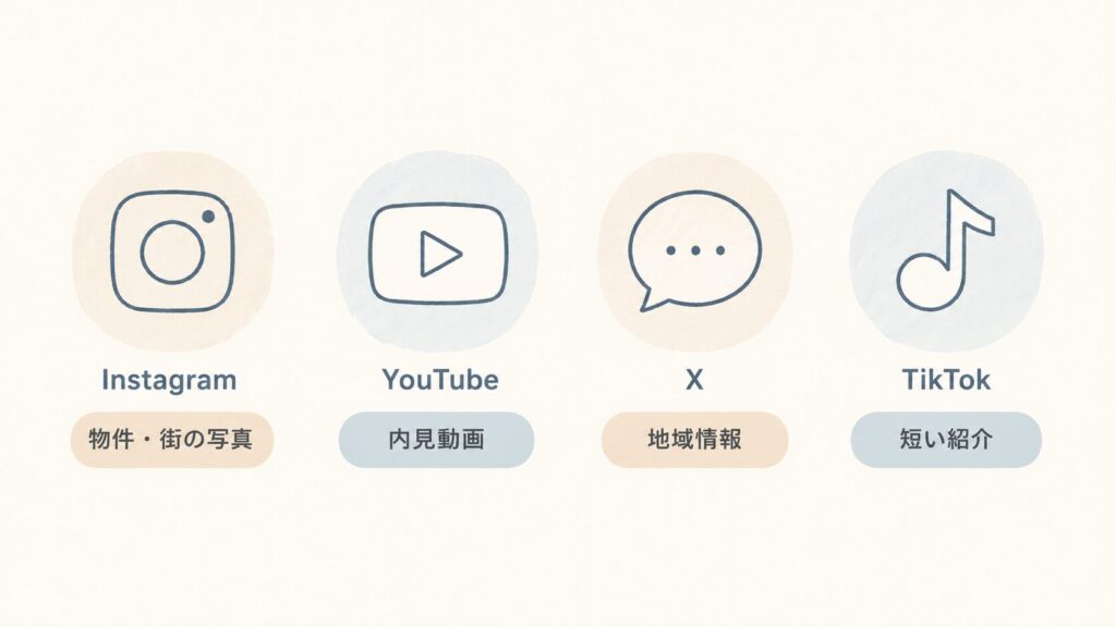不動産のSNS活用の媒体別使い分け（Instagram・YouTube・X・TikTok）を示した図