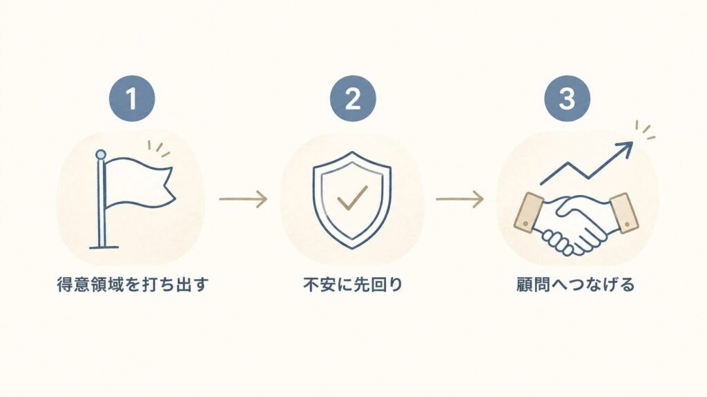 社労士が顧問契約につなげる3ポイント（得意領域を打ち出す・不安に先回り・顧問へつなげる）を示した図