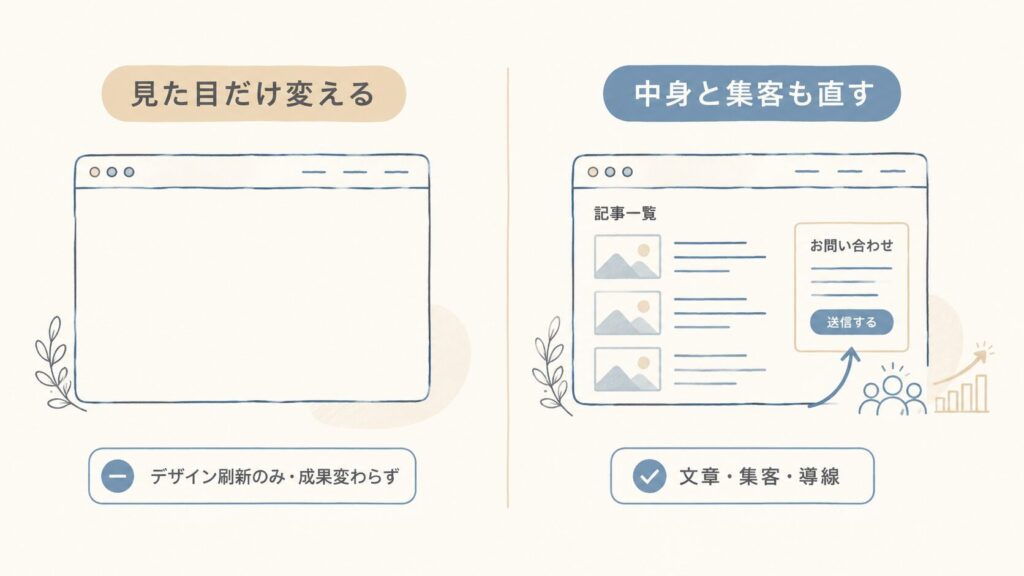 「見た目だけ変えるリニューアル」と「中身と集客も直すリニューアル」の違いを対比で示した図