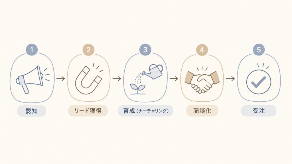BtoBマーケティングのプロセス（認知→リード獲得→育成→商談化→受注）を示した図