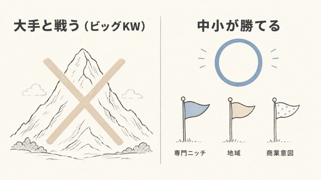 中小企業が狙うべきキーワード（ビッグKWでなく専門ニッチ・地域・商業意図）を対比で示した図