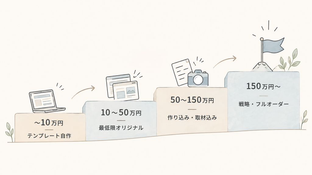 採用サイト制作の価格帯別の相場（テンプレート/最低限オリジナル/作り込み/フルオーダー）を示した図