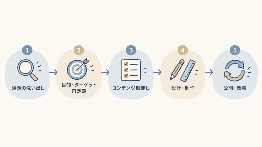 採用サイトリニューアルの進め方5ステップ（課題洗い出し→目的再定義→コンテンツ棚卸し→設計制作→公開改善）を示した図