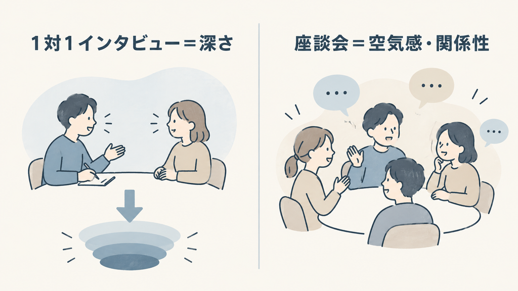 社員インタビュー(1対1=深さ)と社員座談会(複数人=空気感・関係性)の違いを対比で示した図